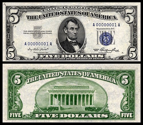 Obverse and reverse of a 1953 five-dollar silver certificate