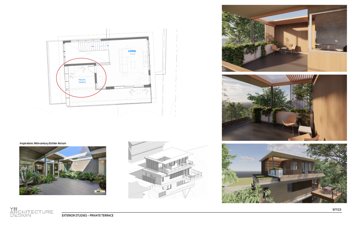 3D visualizations for a custom home exterior terrace with plantings