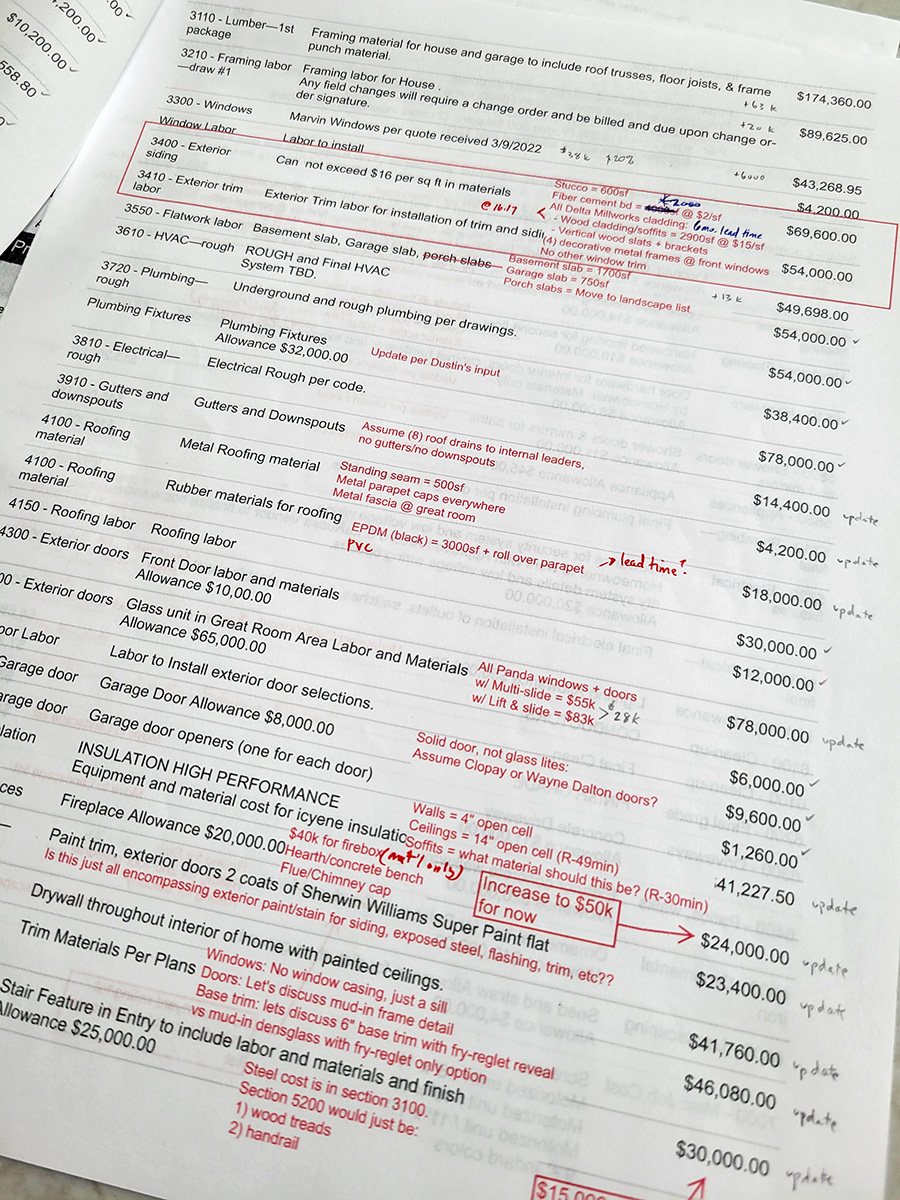 a custom home cost estimate with notes and questions