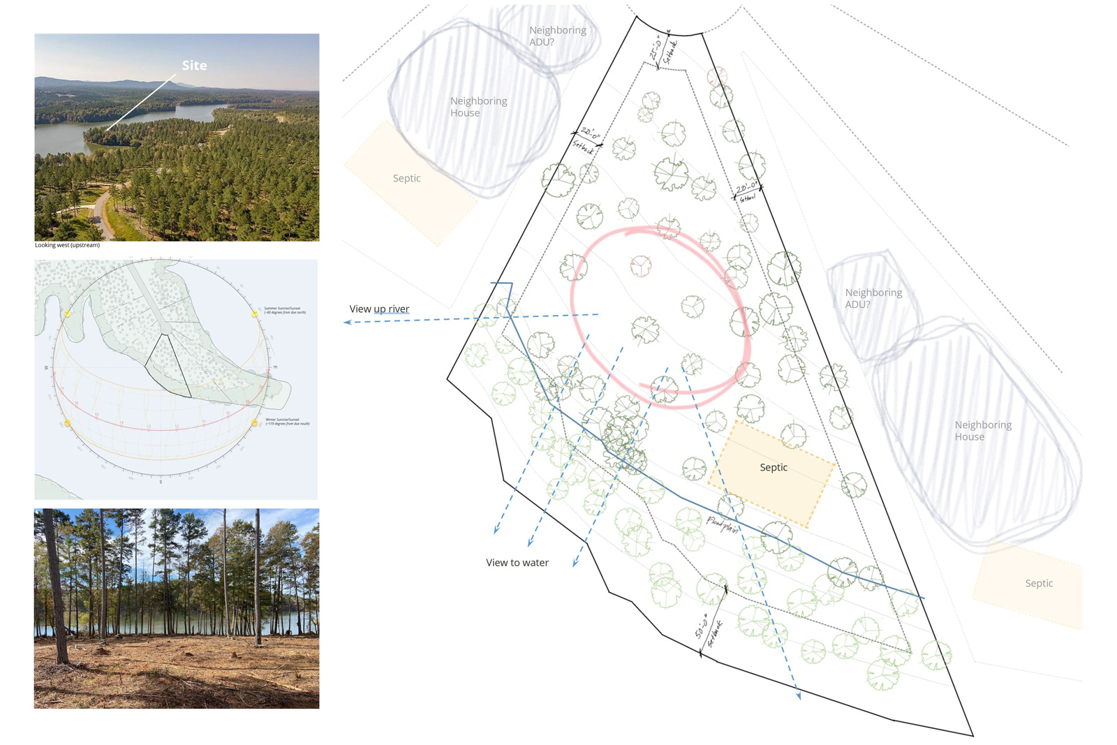 architectural feasibility study showing house location in relation to neighbors and other site constraints
