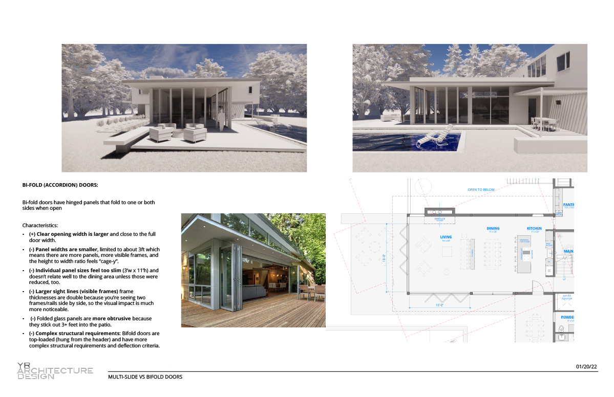 design option showing custom bi-fold glass doors with a floor plan, 3D visual, and pros and cons