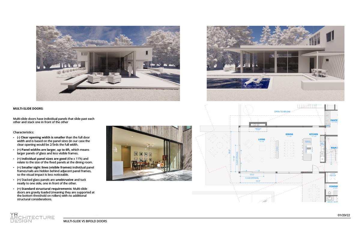 design option showing custom sliding glass doors with a floor plan, 3D visual, and pros and cons