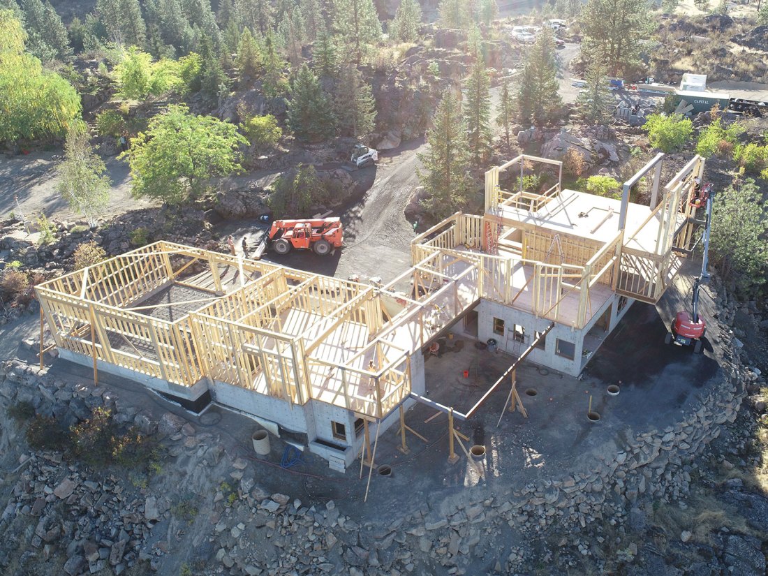 construction photo - drone shot of Lincoln Bluff Residence