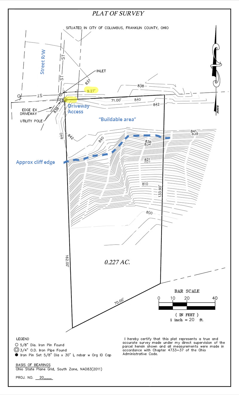 site survey drawing showing a cliff edge, buildable area, and driveway access