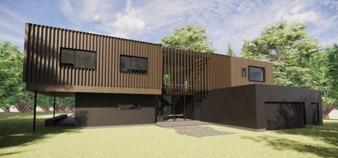 Modern house rendering with wood siding and dark bronze panels