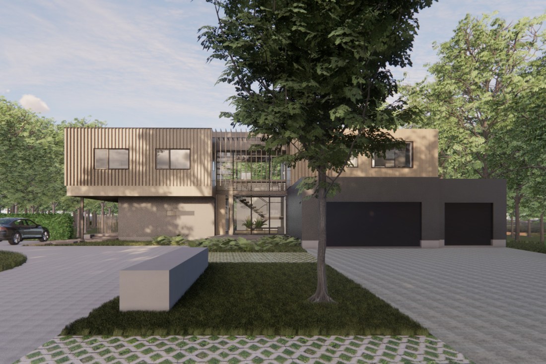 Entry approach to a modern house from the driveway with the sun shining through the trees