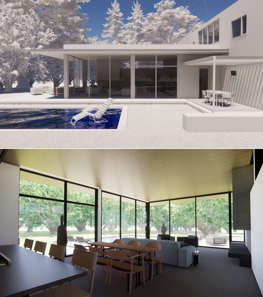 Interior and exterior view of large glass sliding doors and windows in a large great room
