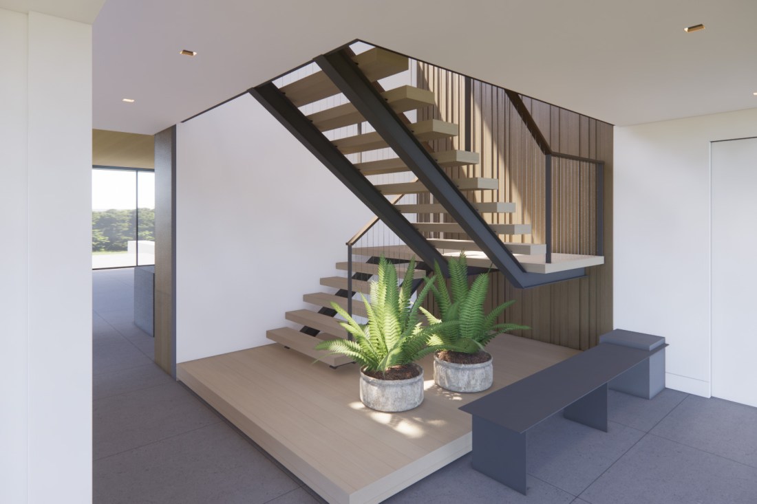 A modern, airy stair with steel I-beam stringers, thick wood treads, and cable rails on a plinth