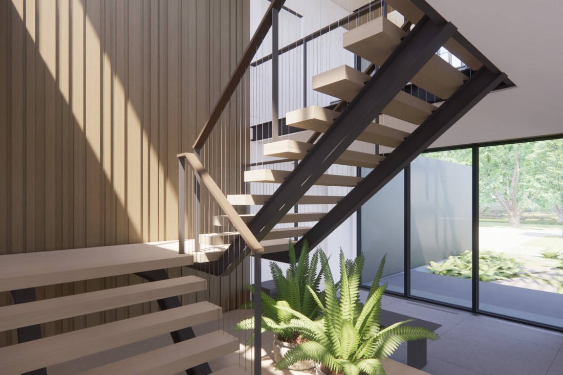 A modern, airy stair with steel I-beam stringers, thick wood treads, and cable rails
