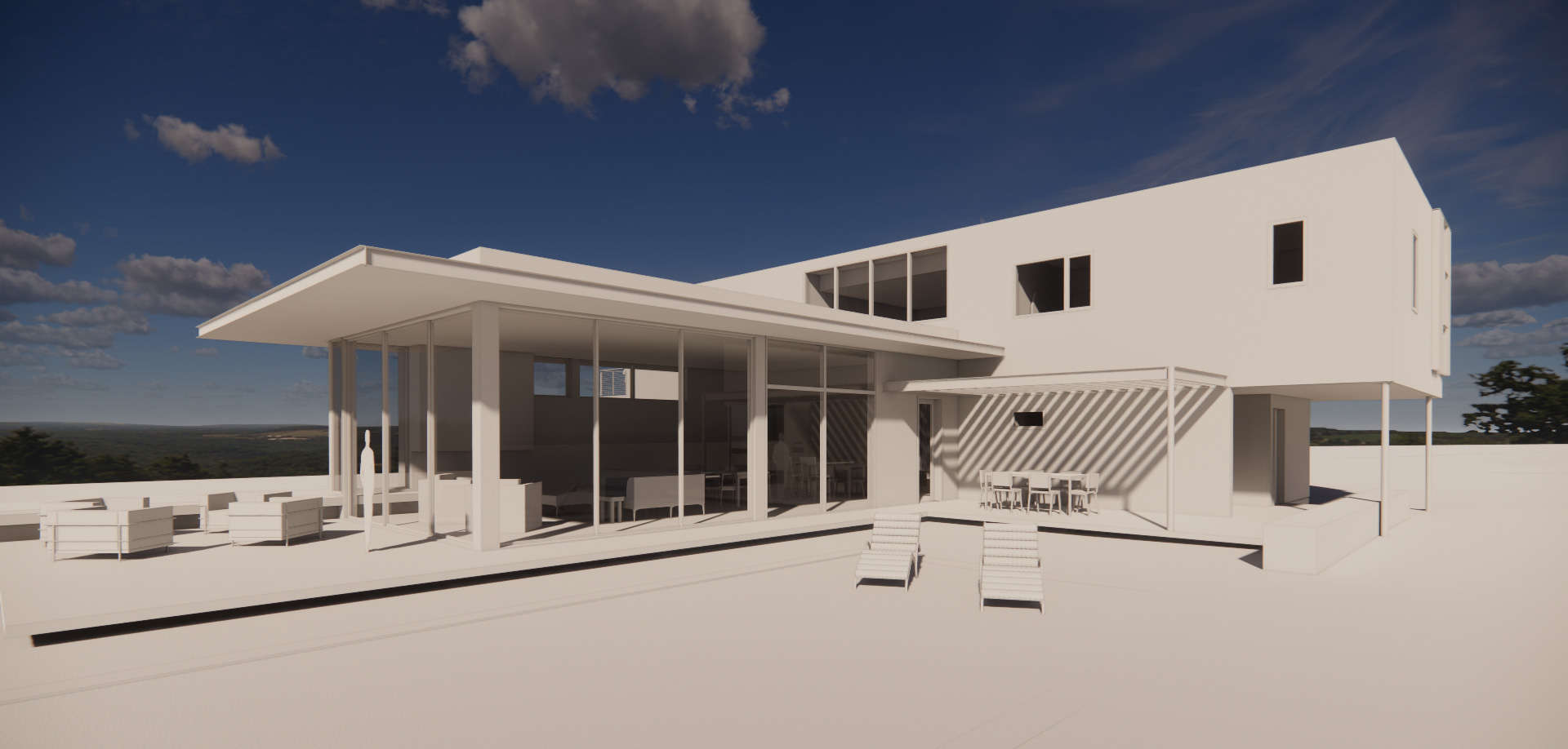 White massing study of a modern house with a large great room of glass
