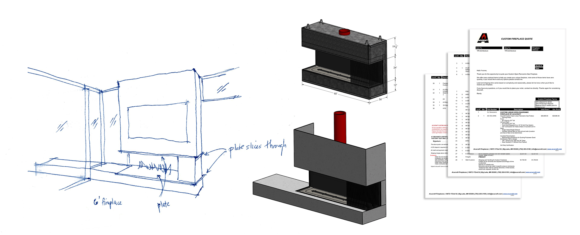 custom fireplace sketch with vendor coordination drawings and price estimate